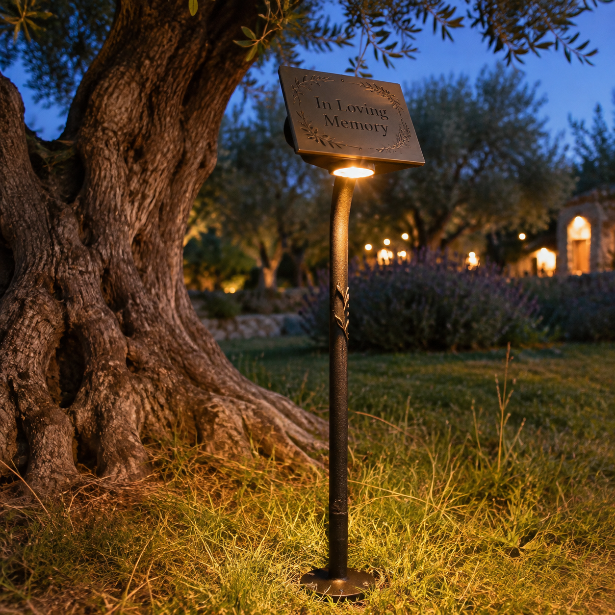 A lit bronze memorial stand reading In Loving Memory beside an old olive tree at dusk