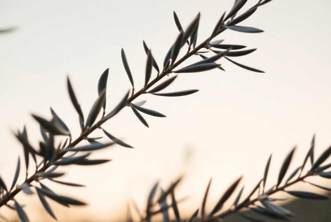 Olive branches against a soft warm sky on the family land in southern Italy